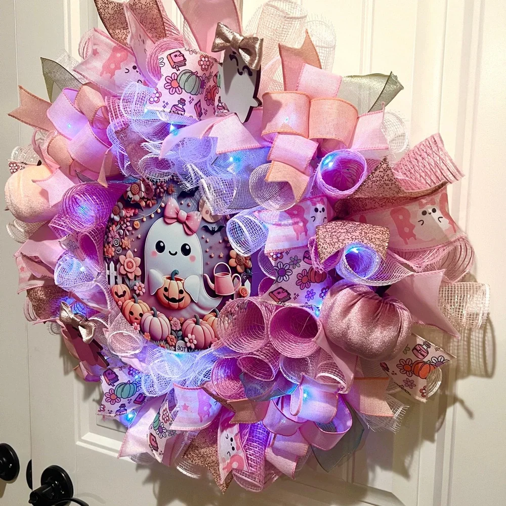 Back in Stock! Handmade 22” Pink Halloween Wreath Ghost Pumpkins LED Lights W17